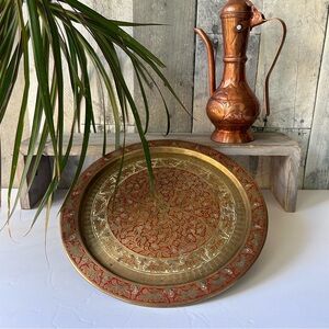 🌴Vintage Brass Intricate Indian Tray with Enamel Red and White Floral Design